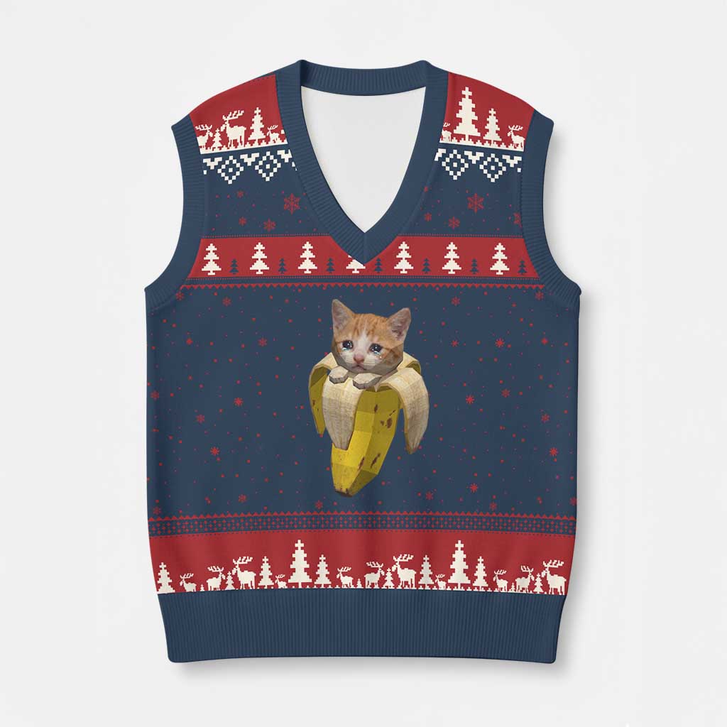 Funny Bananacat Meme Lover V-Neck Knit Sweater Vest Cute Kitty Banana Costume