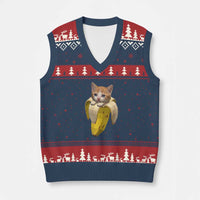 Funny Bananacat Meme Lover V-Neck Knit Sweater Vest Cute Kitty Banana Costume