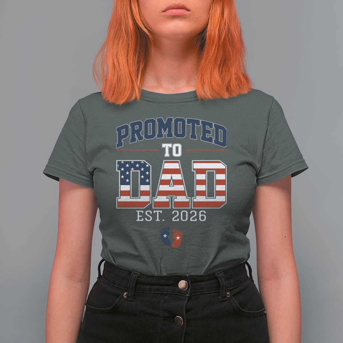 Promoted To Dad Est 2026 American Flag T Shirt For Women Patriotic New Dad Gift