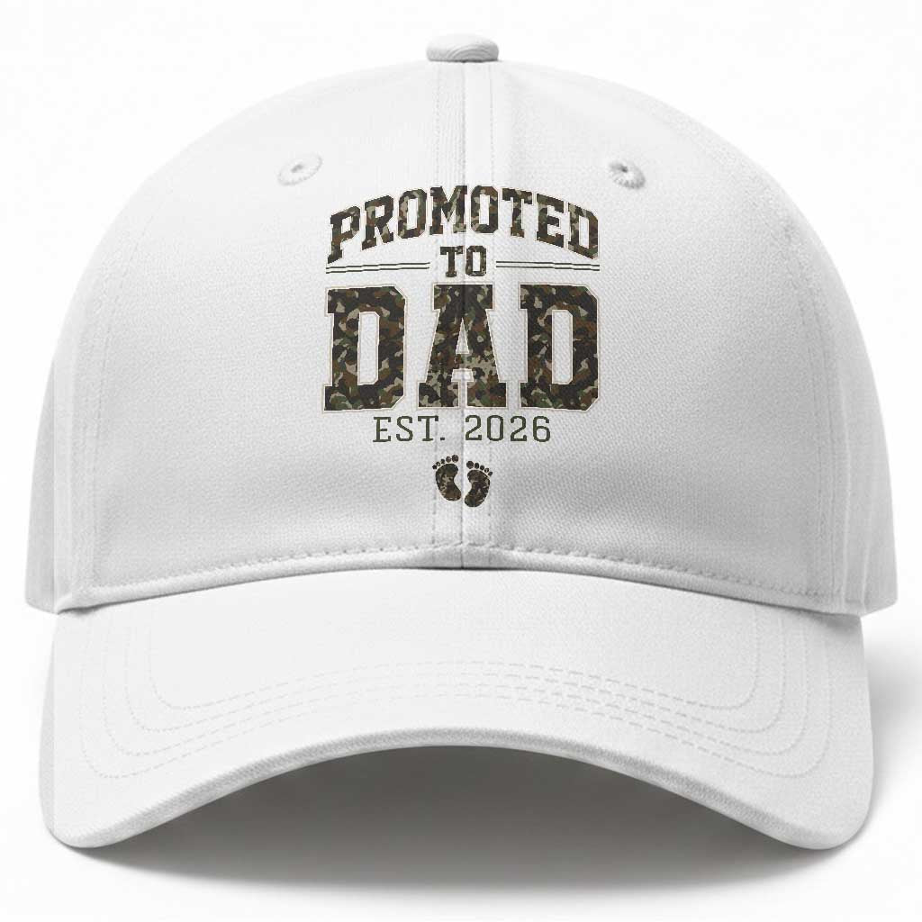 Camouflage Promoted To Dad Est 2026 Baseball Cap Camo Pregnancy Announcement Graphic