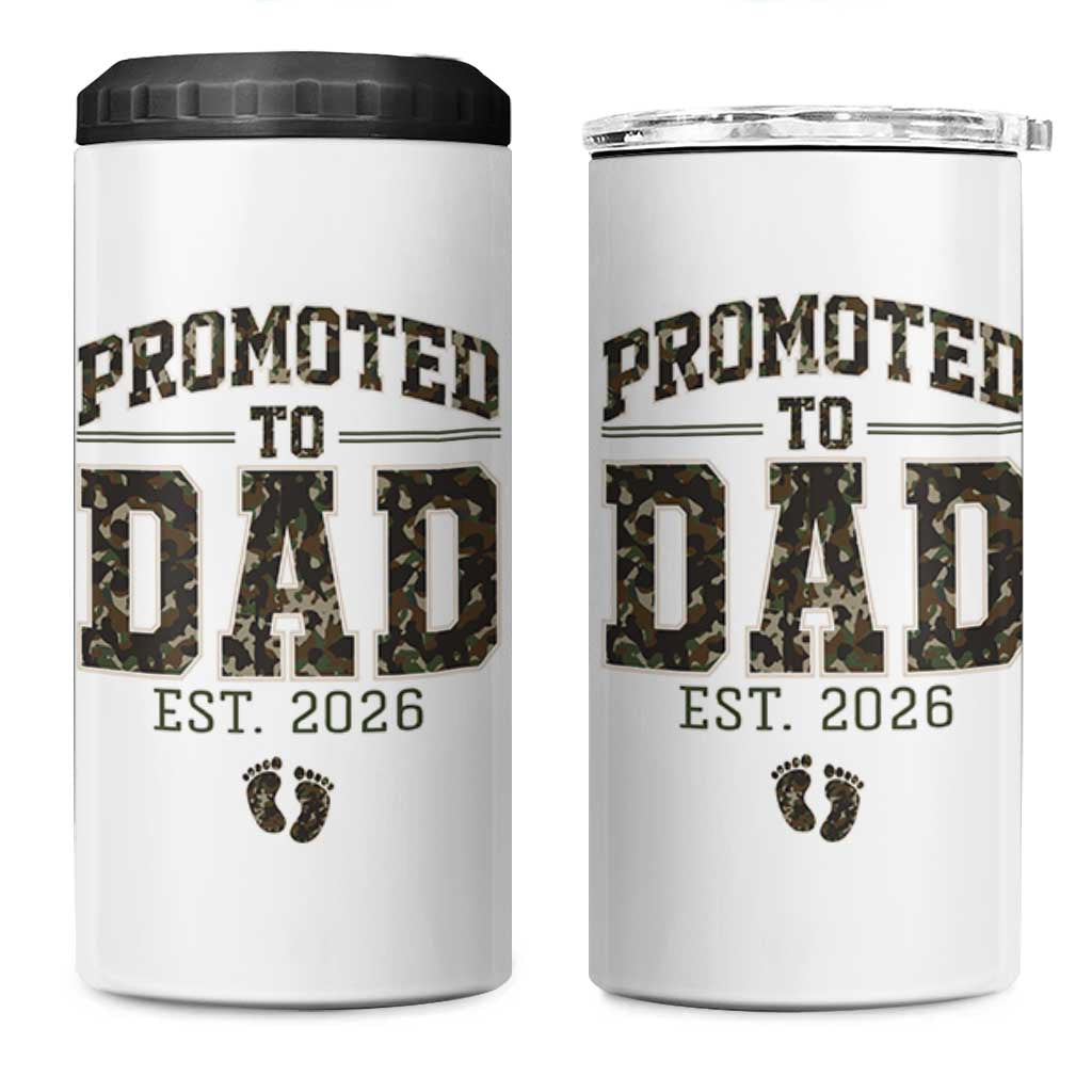 Camouflage Promoted To Dad Est 2026 4 in 1 Can Cooler Tumbler Camo Pregnancy Announcement Graphic