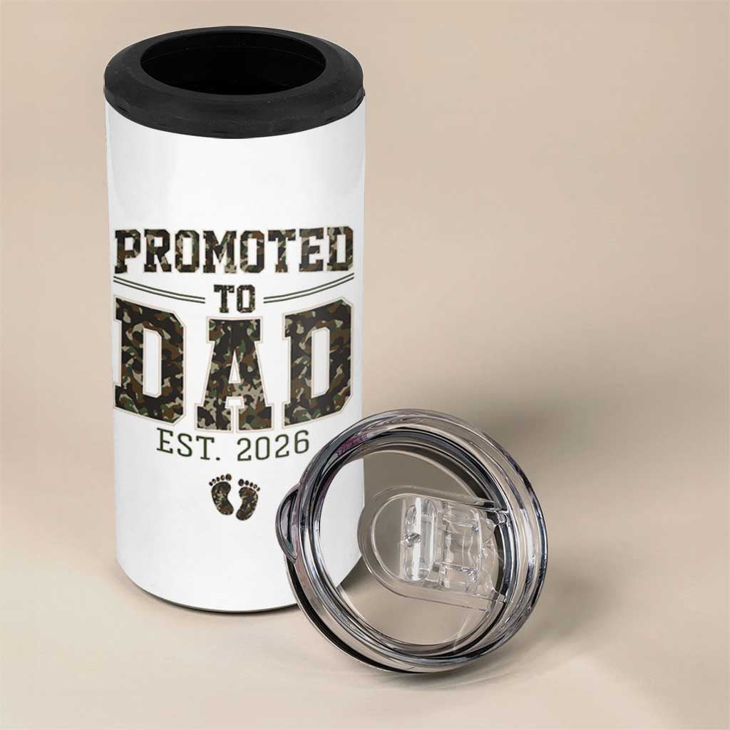Camouflage Promoted To Dad Est 2026 4 in 1 Can Cooler Tumbler Camo Pregnancy Announcement Graphic