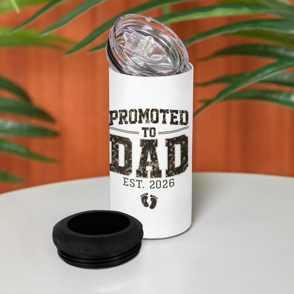 Camouflage Promoted To Dad Est 2026 4 in 1 Can Cooler Tumbler Camo Pregnancy Announcement Graphic