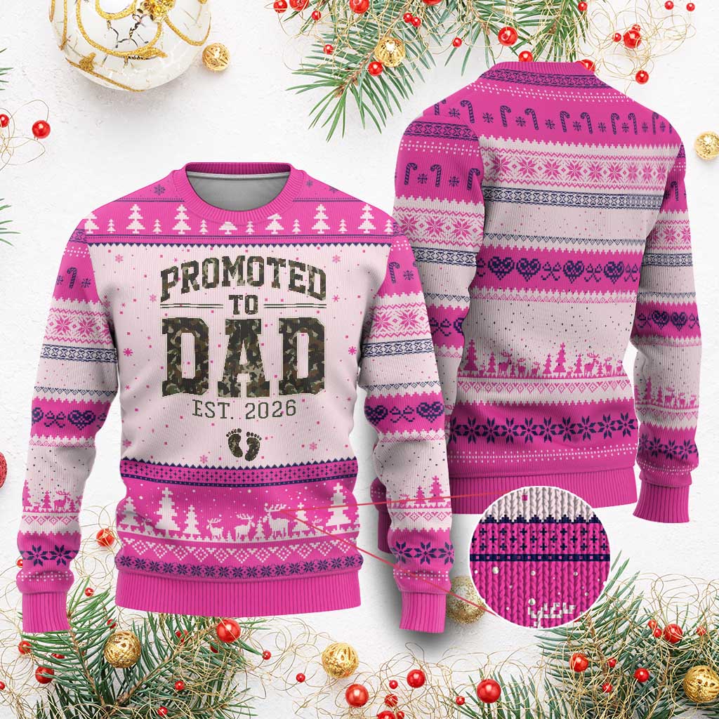Camouflage Promoted To Dad Est 2026 Ugly Christmas Sweater Camo Pregnancy Announcement Graphic