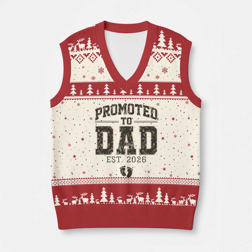 Camouflage Promoted To Dad Est 2026 V-Neck Knit Sweater Vest Camo Pregnancy Announcement Graphic