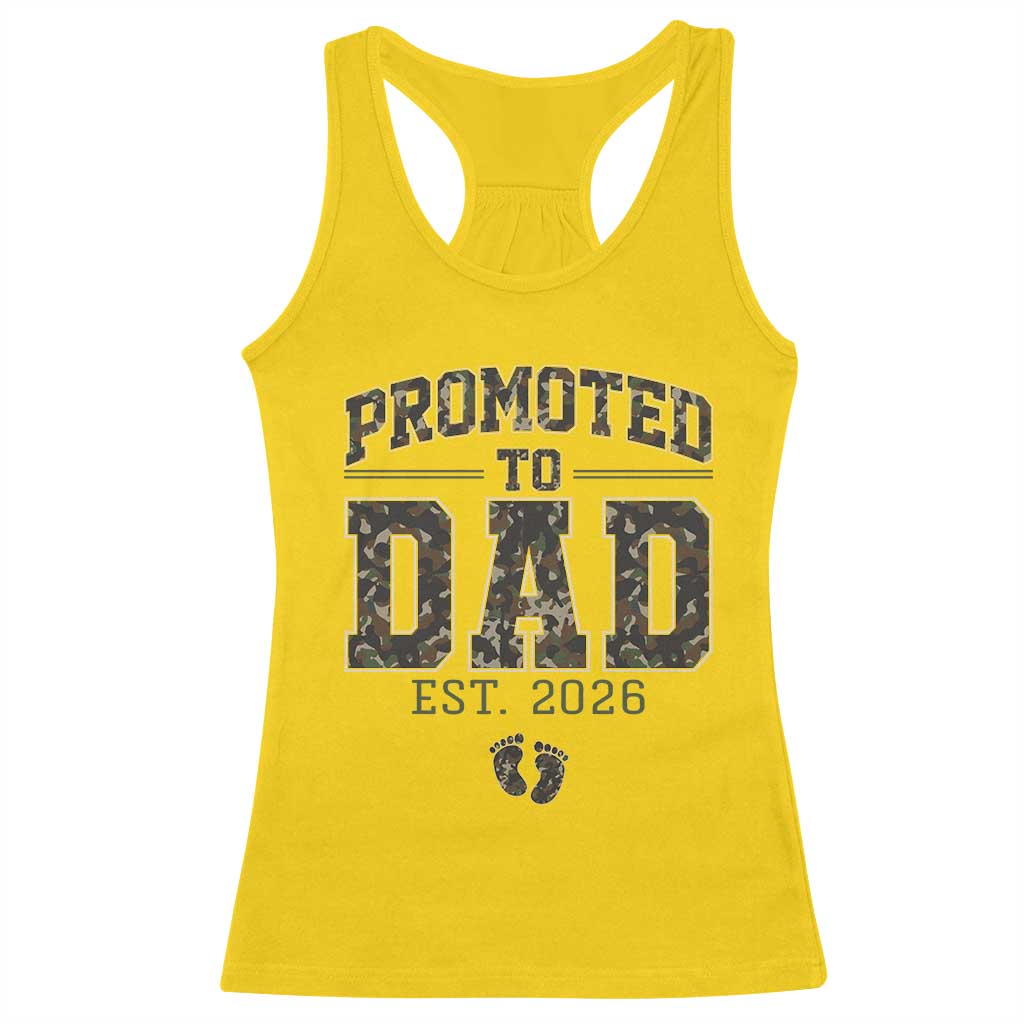 Camouflage Promoted To Dad Est 2026 Racerback Tank Top Camo Pregnancy Announcement Graphic