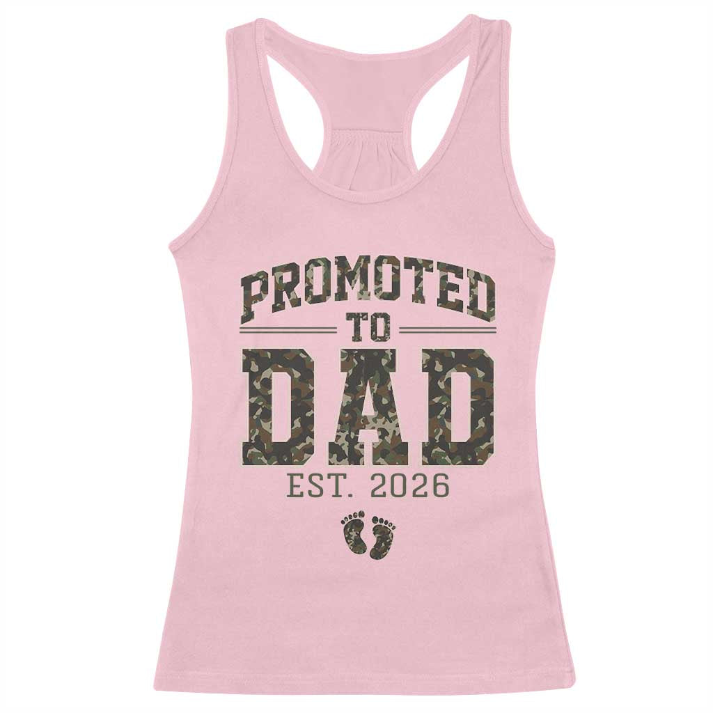 Camouflage Promoted To Dad Est 2026 Racerback Tank Top Camo Pregnancy Announcement Graphic