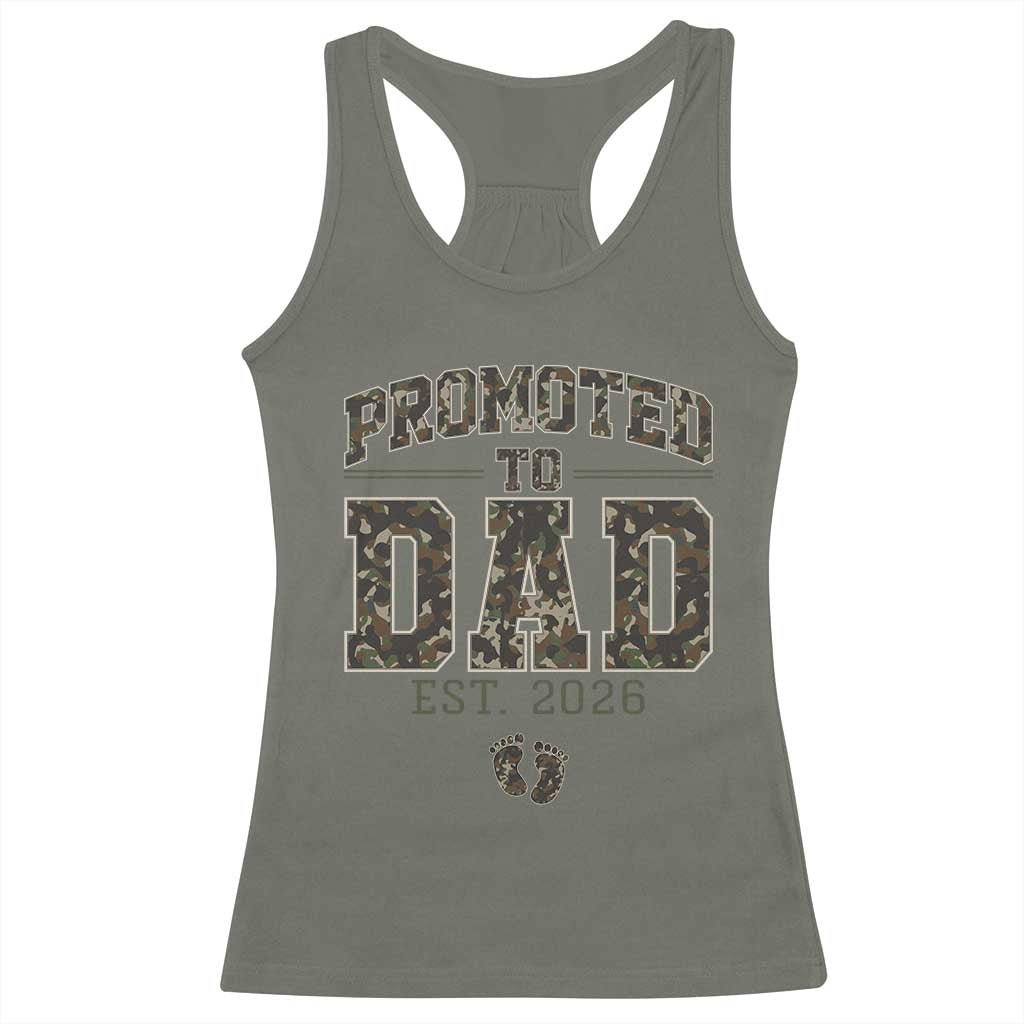 Camouflage Promoted To Dad Est 2026 Racerback Tank Top Camo Pregnancy Announcement Graphic