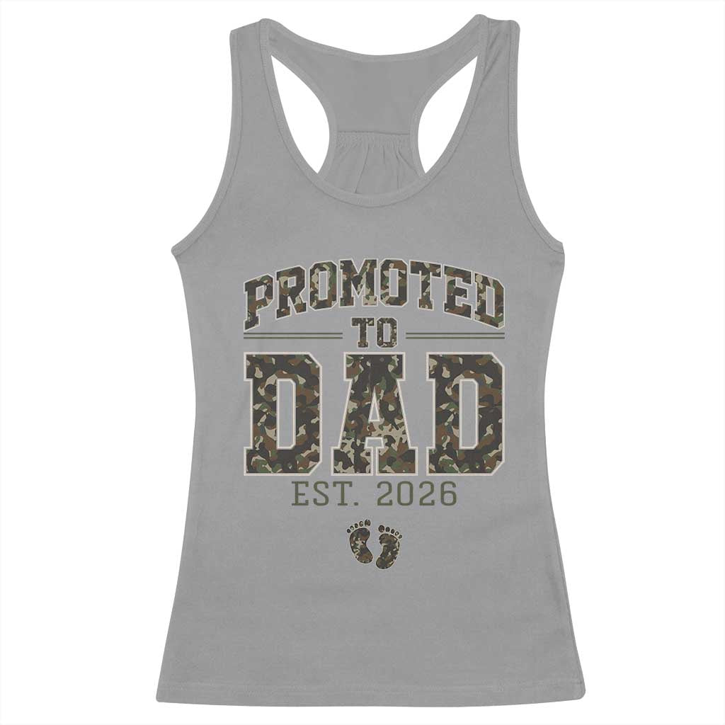 Camouflage Promoted To Dad Est 2026 Racerback Tank Top Camo Pregnancy Announcement Graphic