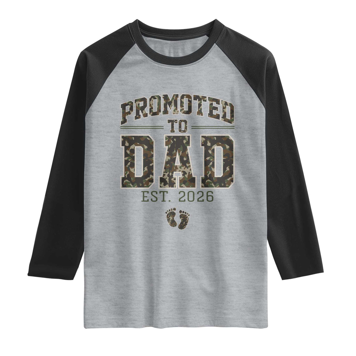 Camouflage Promoted To Dad Est 2026 Raglan Shirt Camo Pregnancy Announcement Graphic