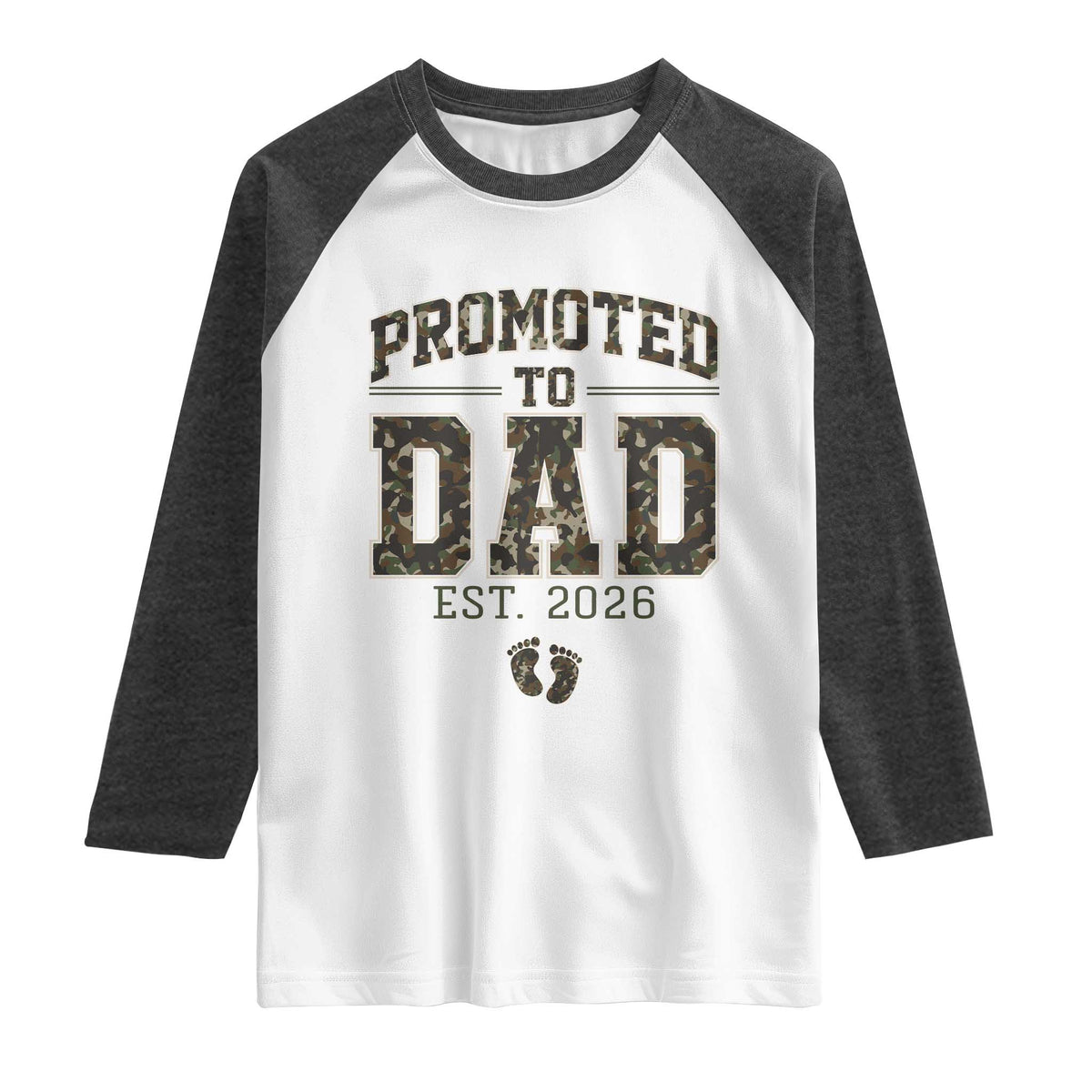 Camouflage Promoted To Dad Est 2026 Raglan Shirt Camo Pregnancy Announcement Graphic