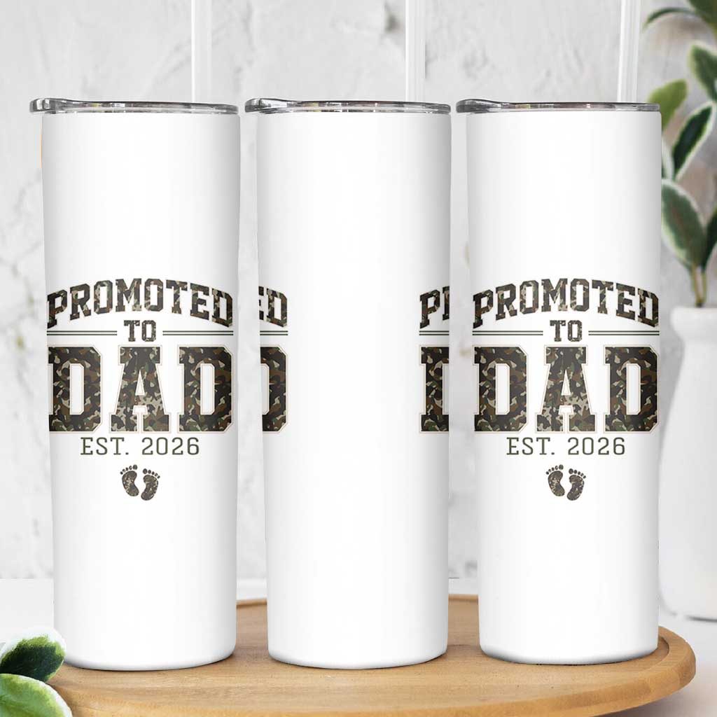 Camouflage Promoted To Dad Est 2026 Skinny Tumbler Camo Pregnancy Announcement Graphic