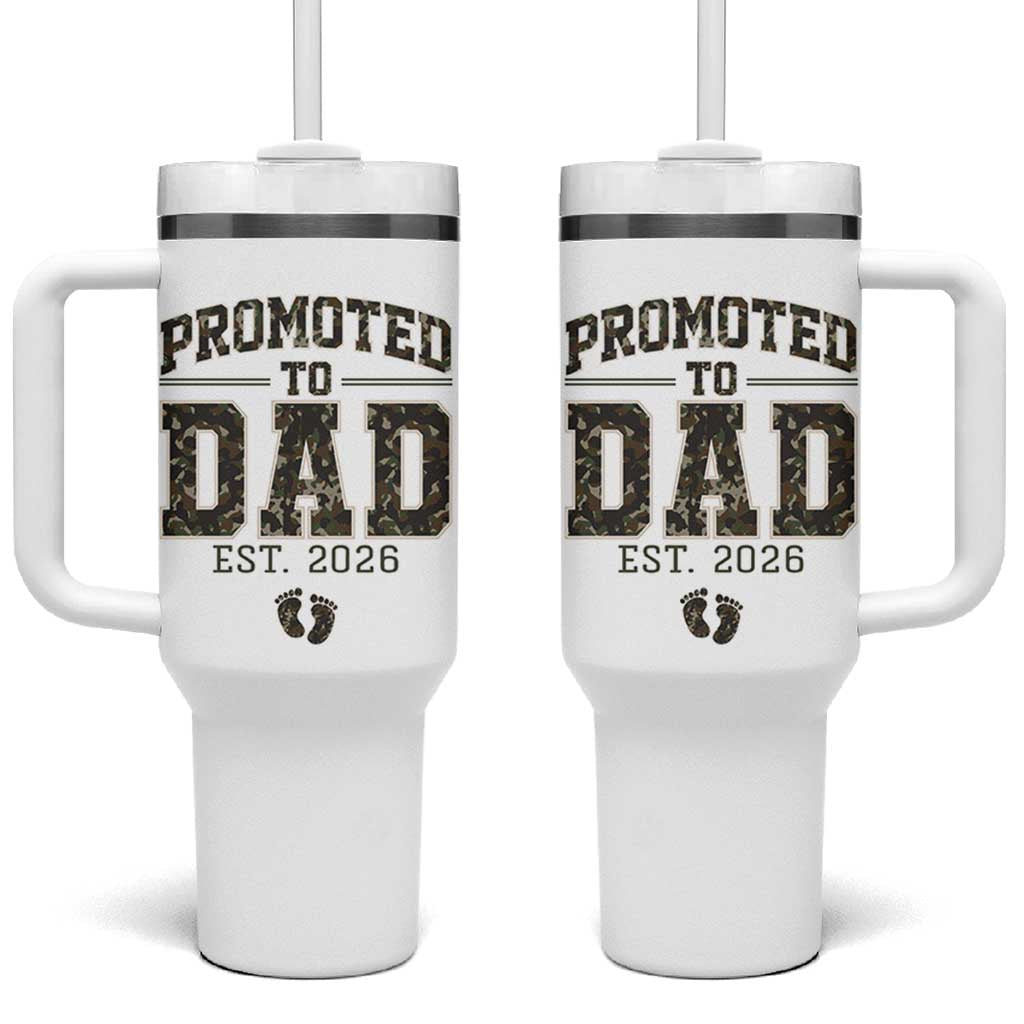 Camouflage Promoted To Dad Est 2026 Tumbler With Handle Camo Pregnancy Announcement Graphic
