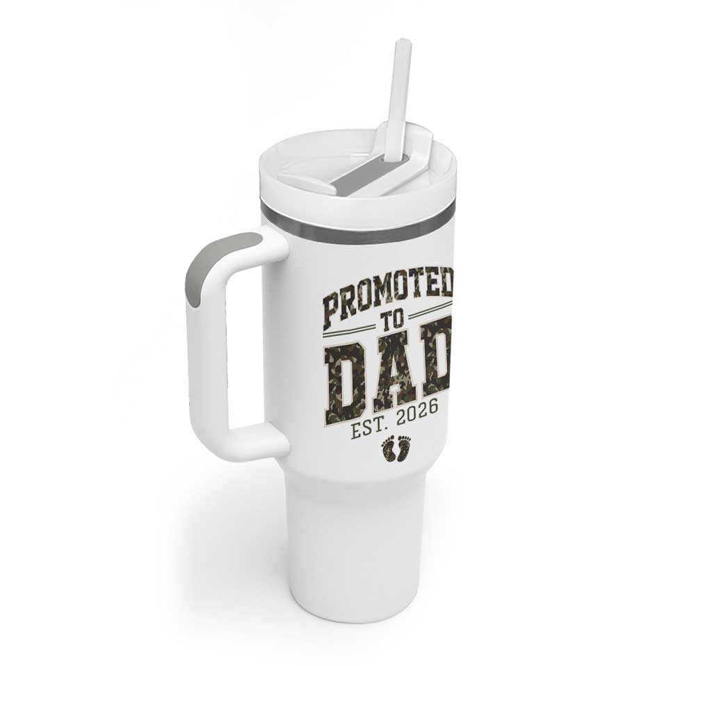 Camouflage Promoted To Dad Est 2026 Tumbler With Handle Camo Pregnancy Announcement Graphic