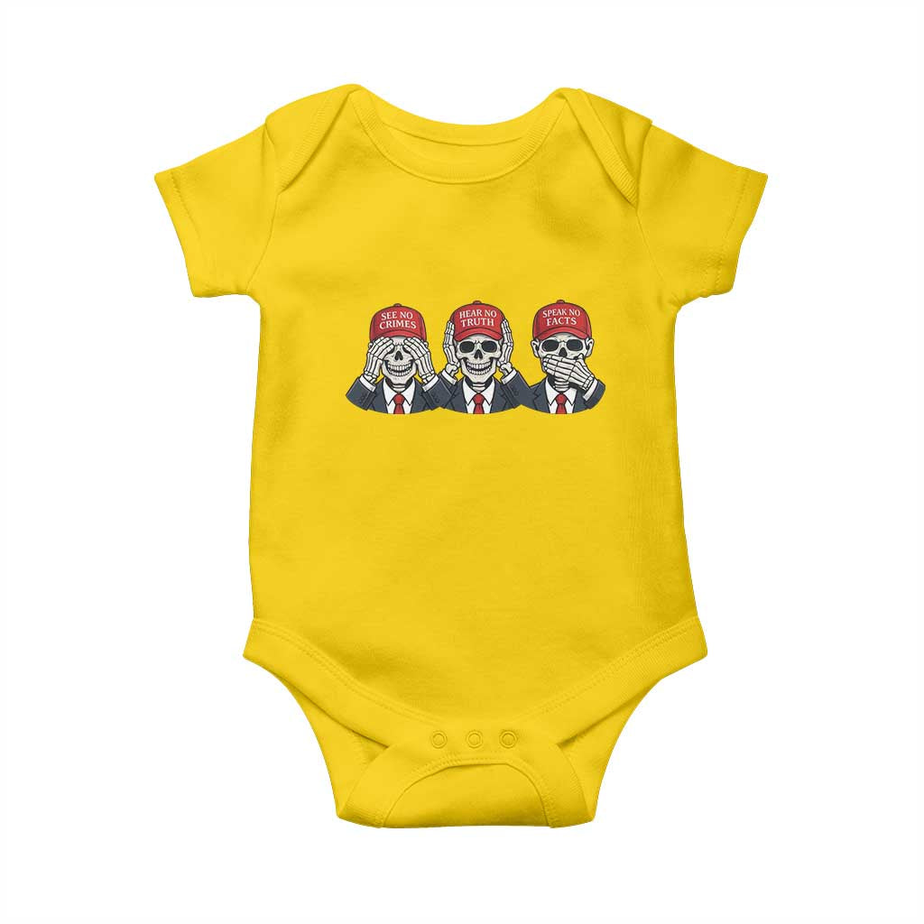 See No Crimes Hear No Truth Speak No Facts Baby Onesie Skeleton Political Satire Graphic