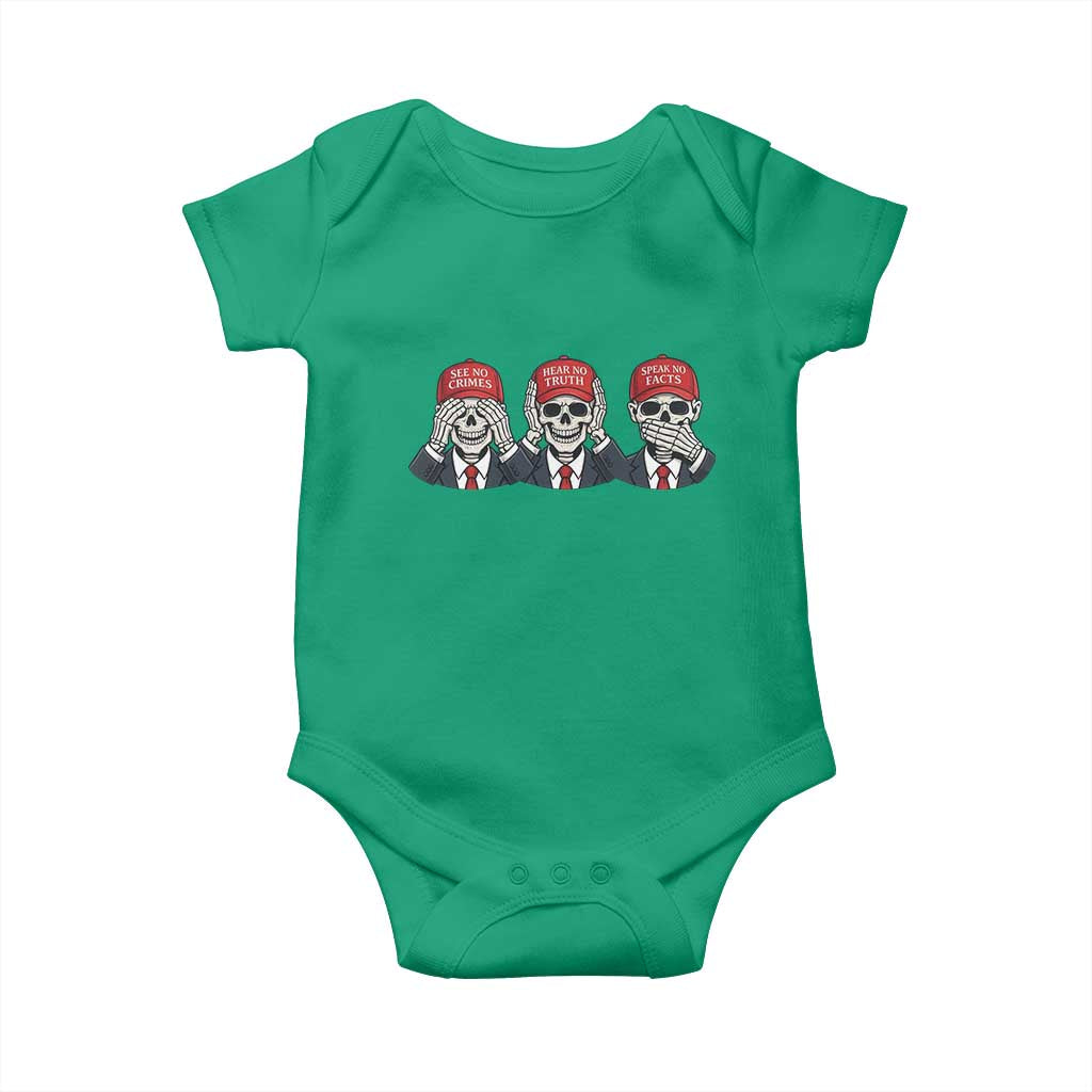 See No Crimes Hear No Truth Speak No Facts Baby Onesie Skeleton Political Satire Graphic