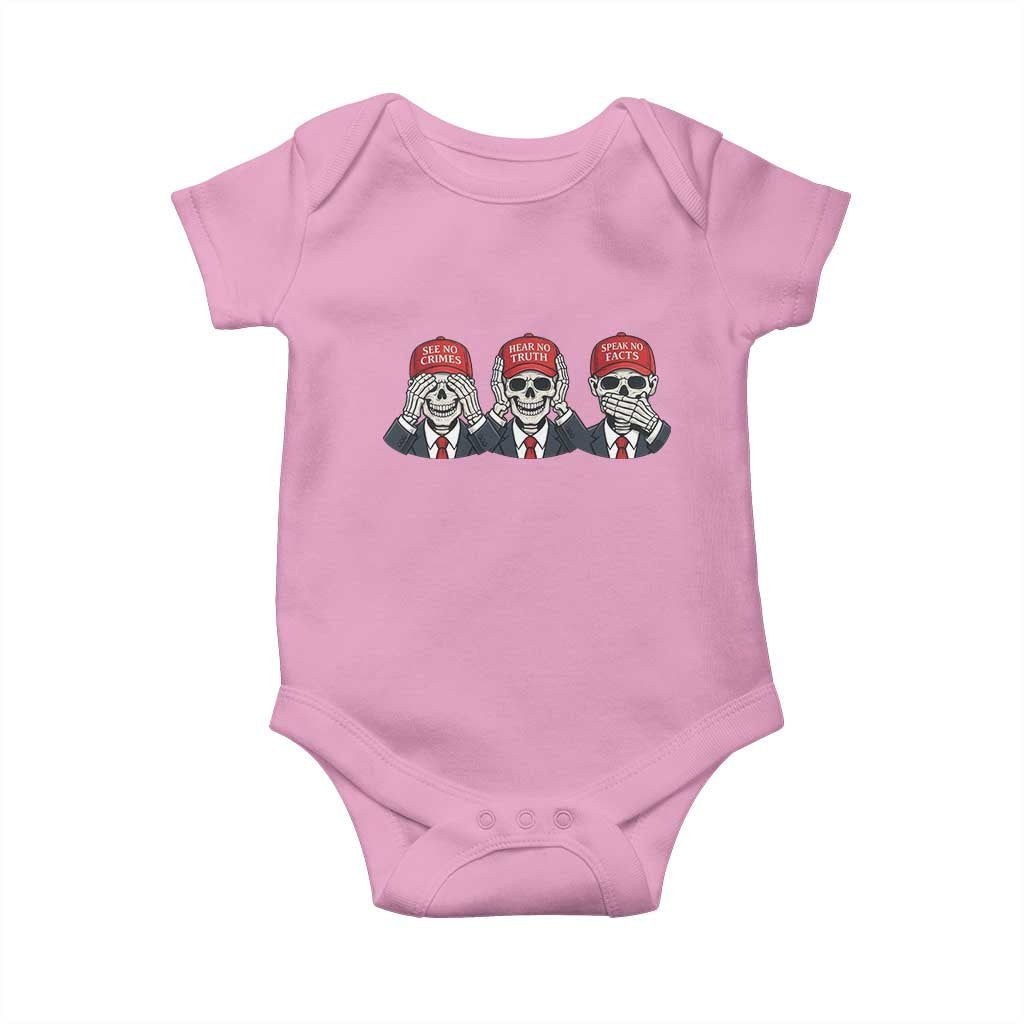 See No Crimes Hear No Truth Speak No Facts Baby Onesie Skeleton Political Satire Graphic