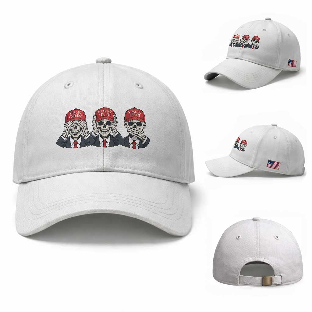 See No Crimes Hear No Truth Speak No Facts Baseball Cap Skeleton Political Satire Graphic