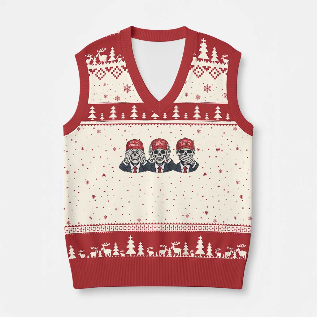 See No Crimes Hear No Truth Speak No Facts V-Neck Knit Sweater Vest Skeleton Political Satire Graphic