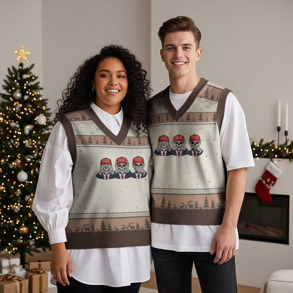 See No Crimes Hear No Truth Speak No Facts V-Neck Knit Sweater Vest Skeleton Political Satire Graphic
