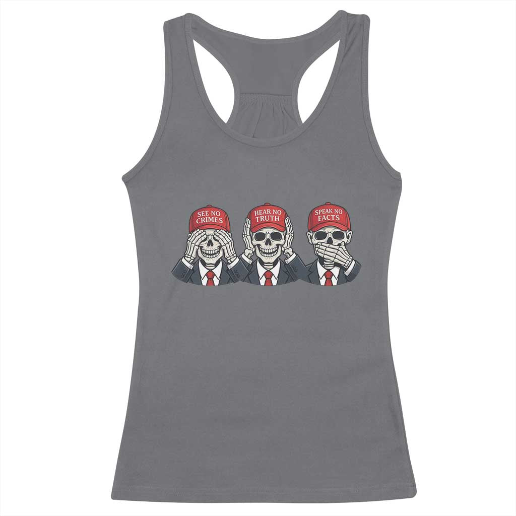 See No Crimes Hear No Truth Speak No Facts Racerback Tank Top Skeleton Political Satire Graphic