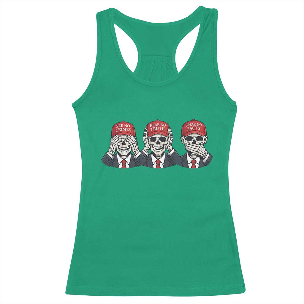 See No Crimes Hear No Truth Speak No Facts Racerback Tank Top Skeleton Political Satire Graphic