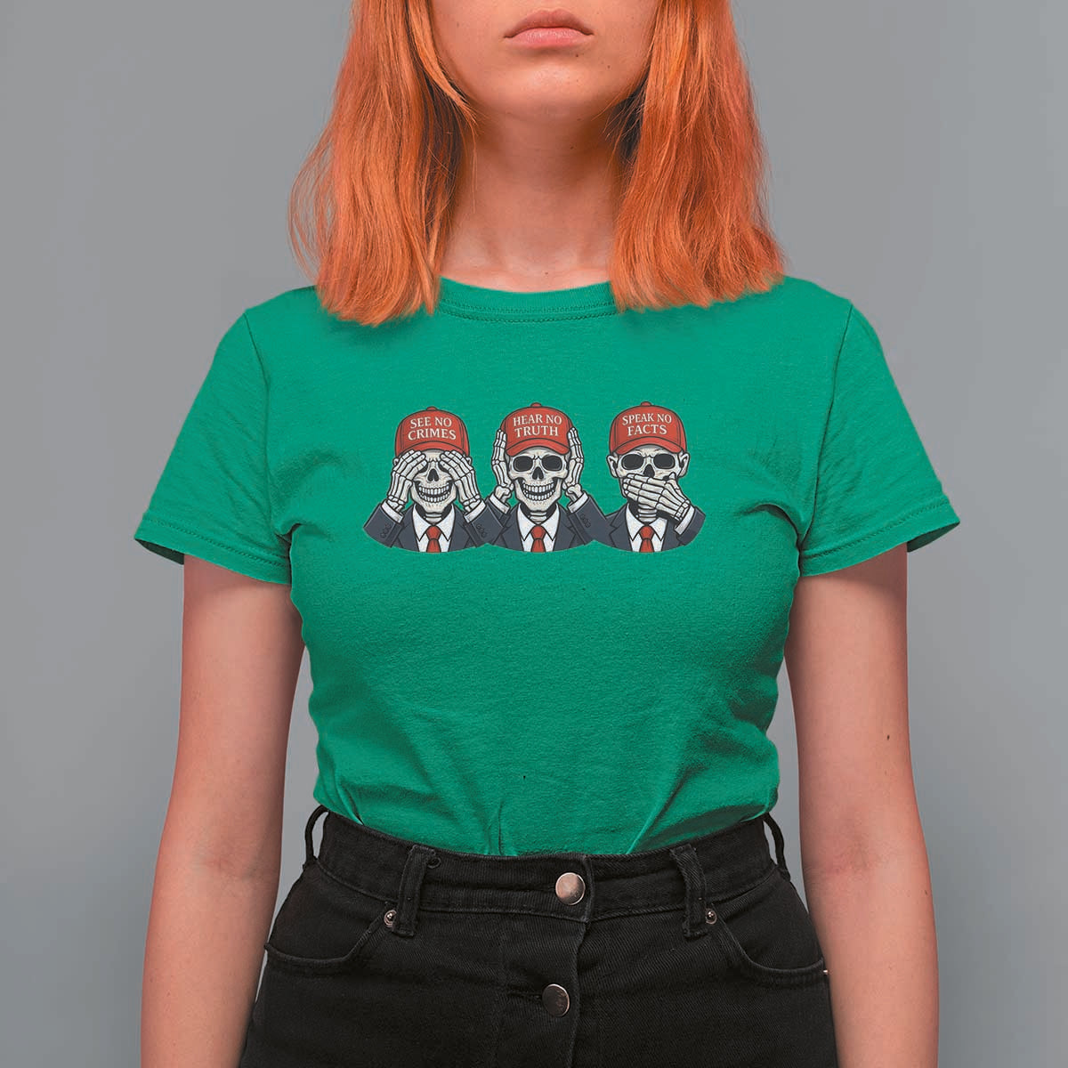 See No Crimes Hear No Truth Speak No Facts T Shirt For Women Skeleton Political Satire Graphic