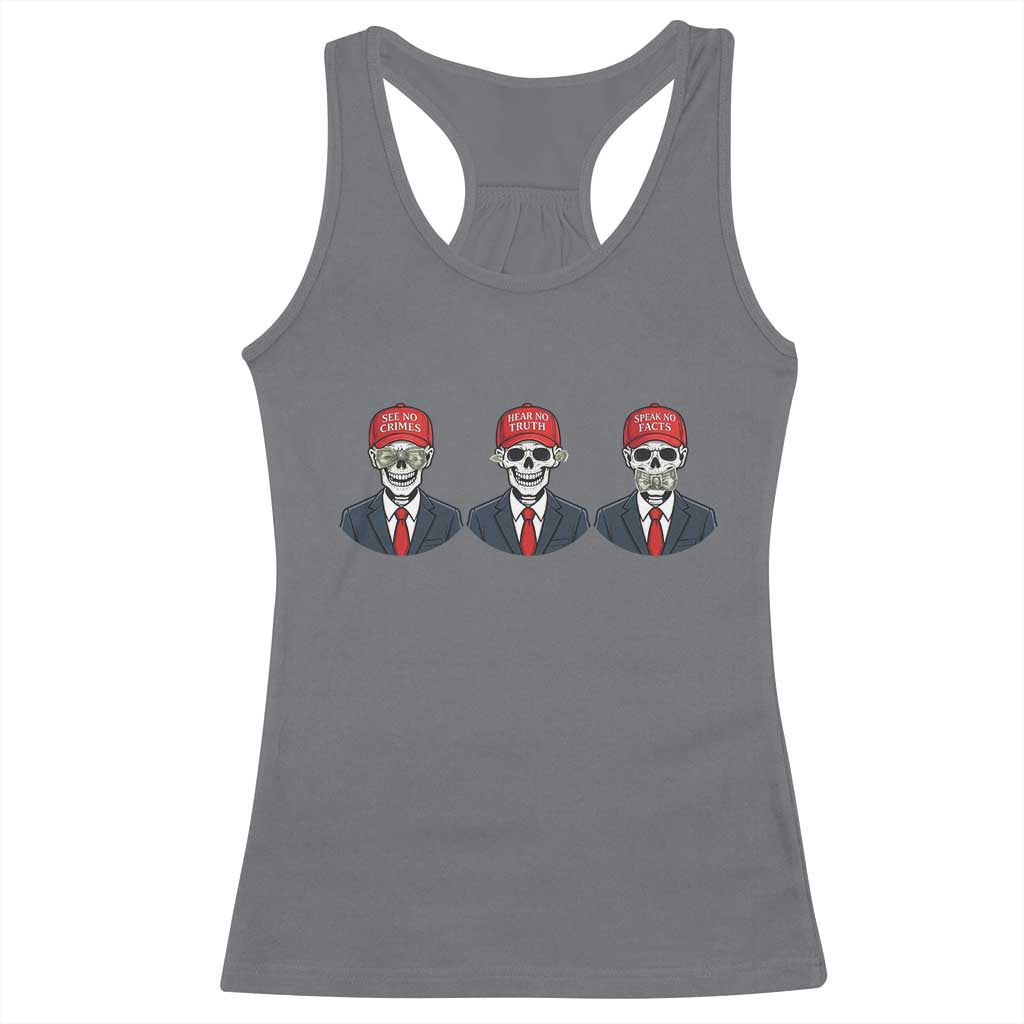 Skeleton See No Crimes Hear No Truth Racerback Tank Top Funny Political Satire