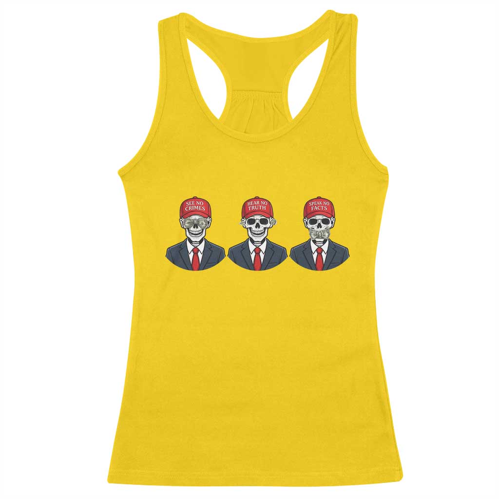Skeleton See No Crimes Hear No Truth Racerback Tank Top Funny Political Satire