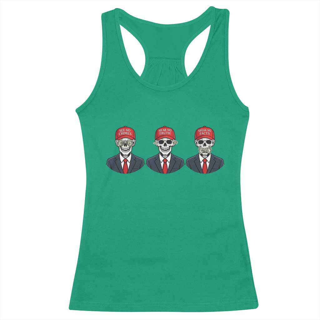 Skeleton See No Crimes Hear No Truth Racerback Tank Top Funny Political Satire