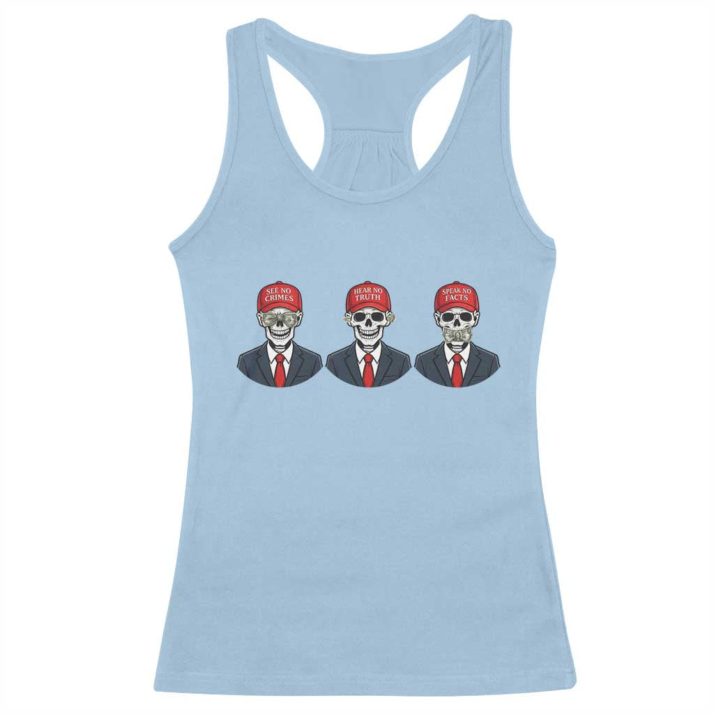Skeleton See No Crimes Hear No Truth Racerback Tank Top Funny Political Satire