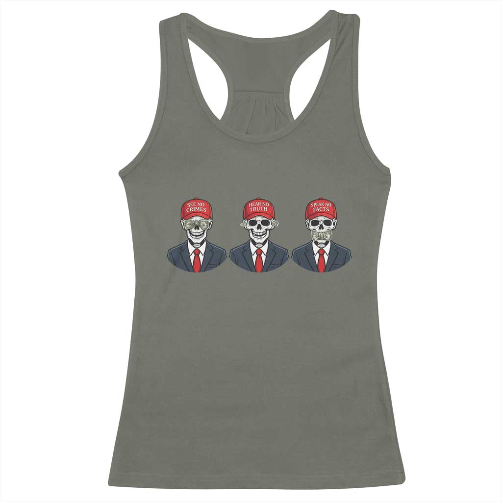 Skeleton See No Crimes Hear No Truth Racerback Tank Top Funny Political Satire