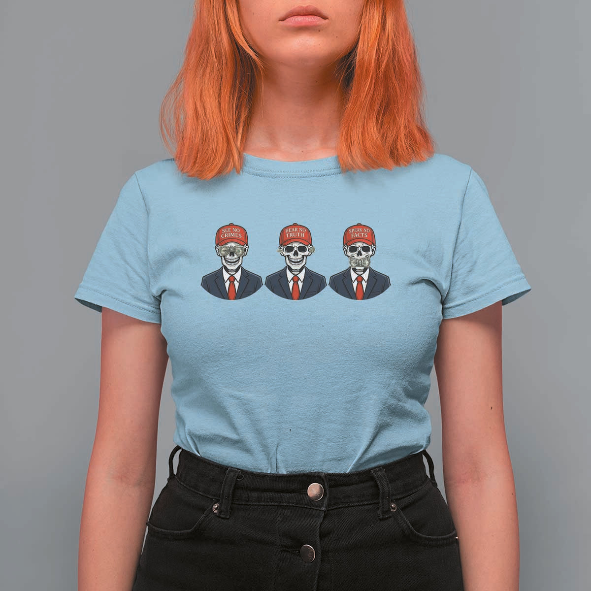 Skeleton See No Crimes Hear No Truth T Shirt For Women Funny Political Satire
