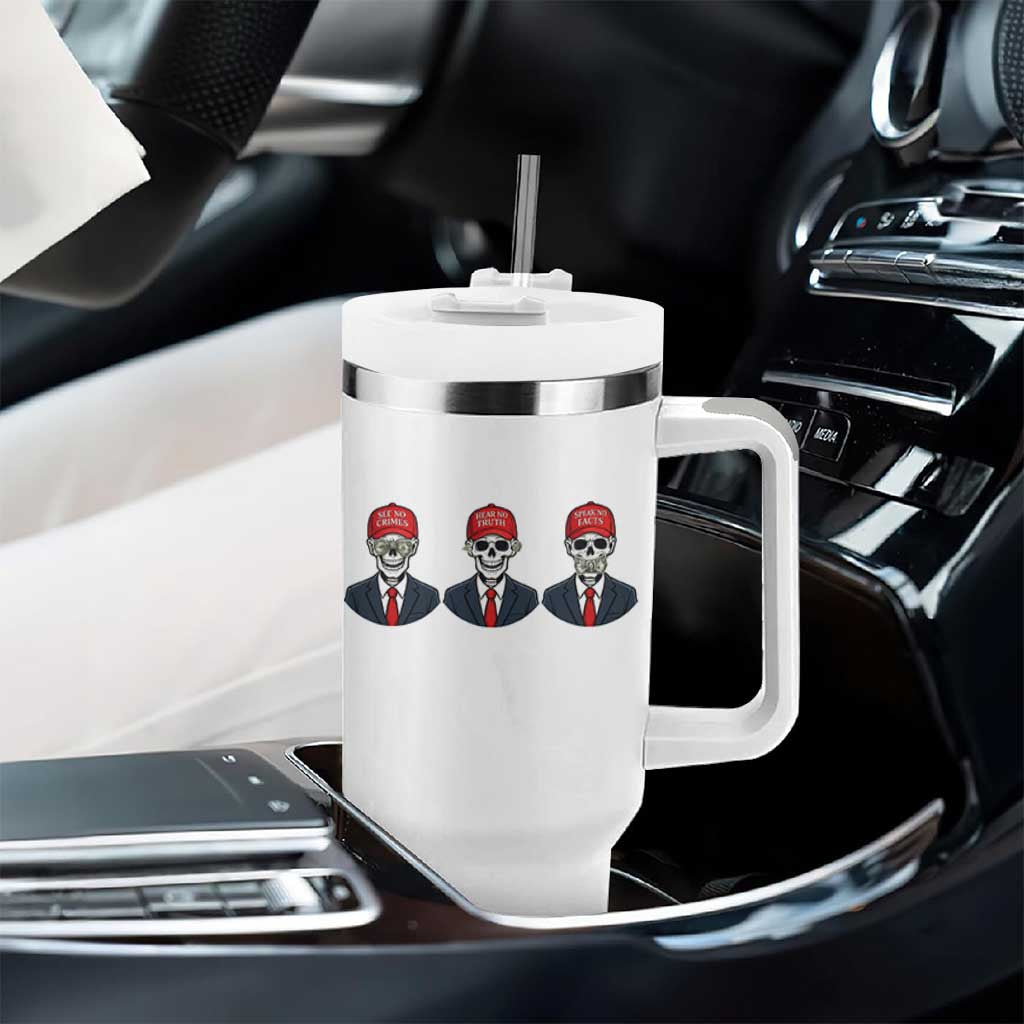 Skeleton See No Crimes Hear No Truth Tumbler With Handle Funny Political Satire