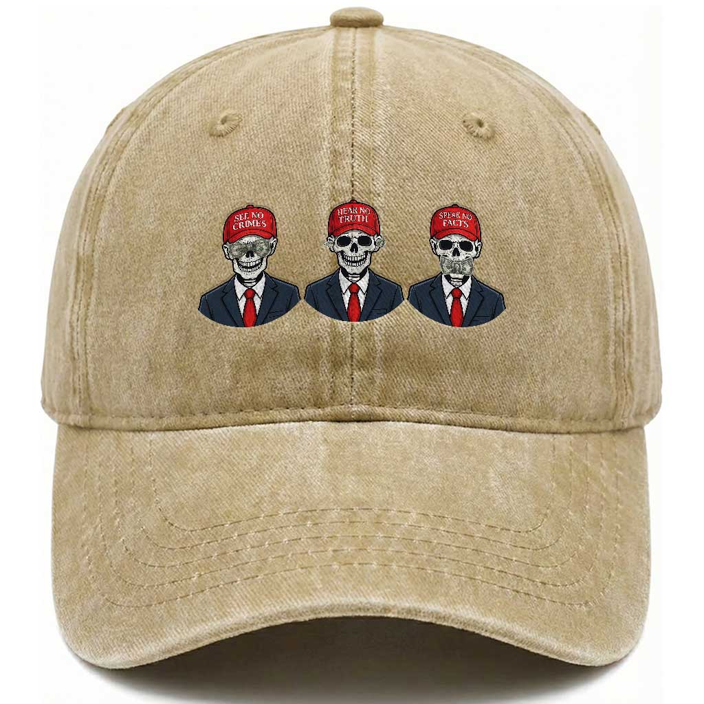 Skeleton See No Crimes Hear No Truth Washed Cotton Baseball Cap Funny Political Satire