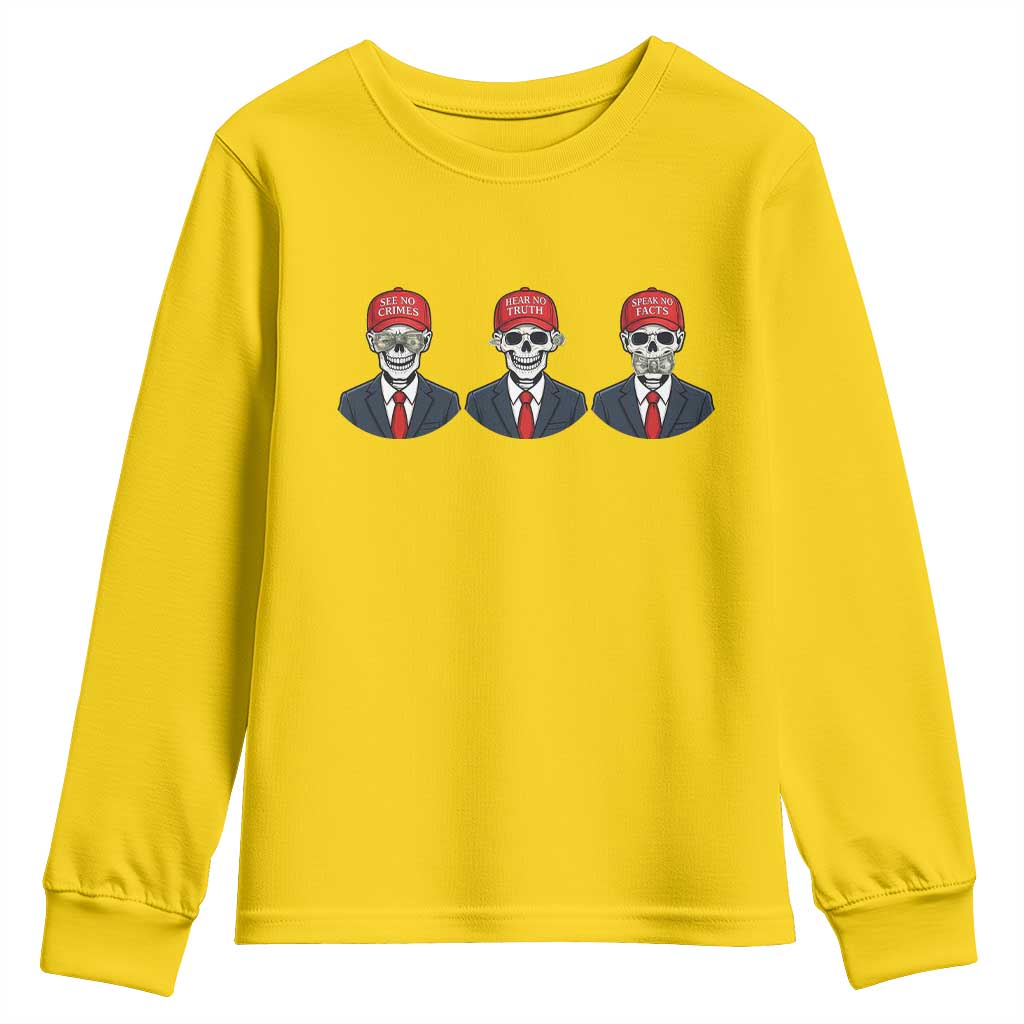 Skeleton See No Crimes Hear No Truth Youth Sweatshirt Funny Political Satire