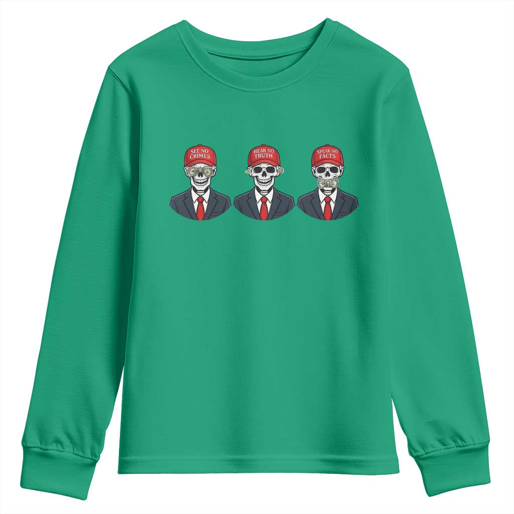 Skeleton See No Crimes Hear No Truth Youth Sweatshirt Funny Political Satire