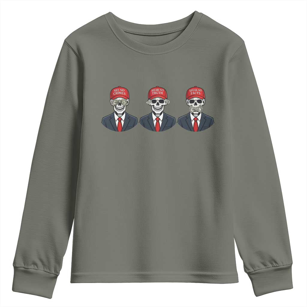 Skeleton See No Crimes Hear No Truth Youth Sweatshirt Funny Political Satire