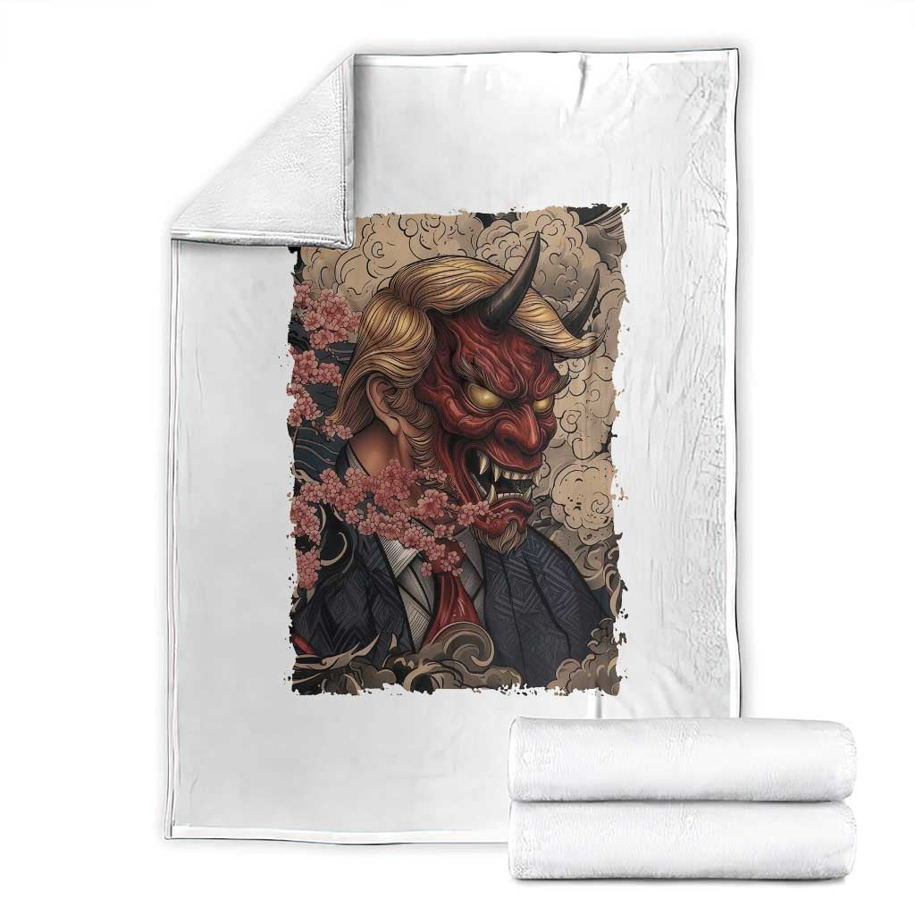 American Leader Oni Mask Japanese Ukiyoe Throw Blanket Political Parody Graphic
