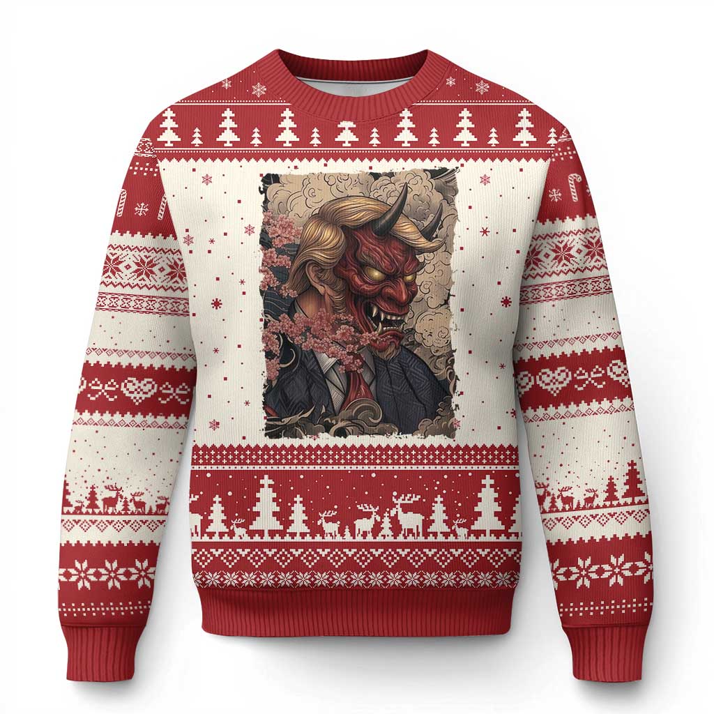 American Leader Oni Mask Japanese Ukiyoe Ugly Christmas Sweater Political Parody Graphic