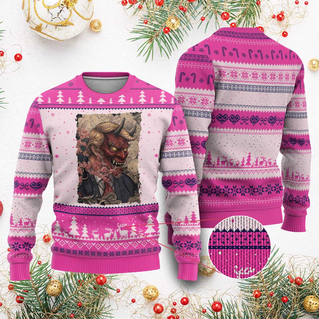 American Leader Oni Mask Japanese Ukiyoe Ugly Christmas Sweater Political Parody Graphic