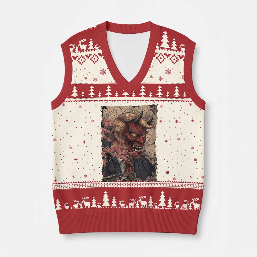 American Leader Oni Mask Japanese Ukiyoe V-Neck Knit Sweater Vest Political Parody Graphic