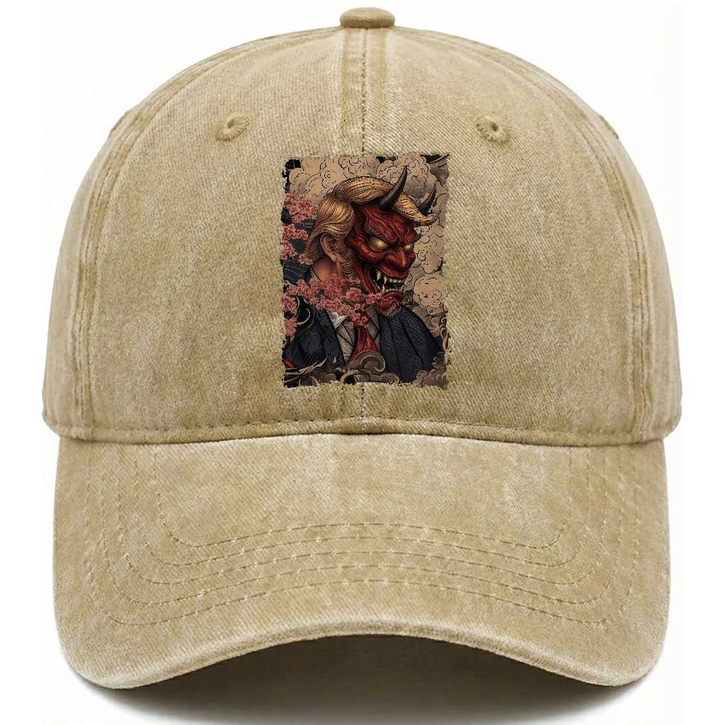 American Leader Oni Mask Japanese Ukiyoe Washed Cotton Baseball Cap Political Parody Graphic