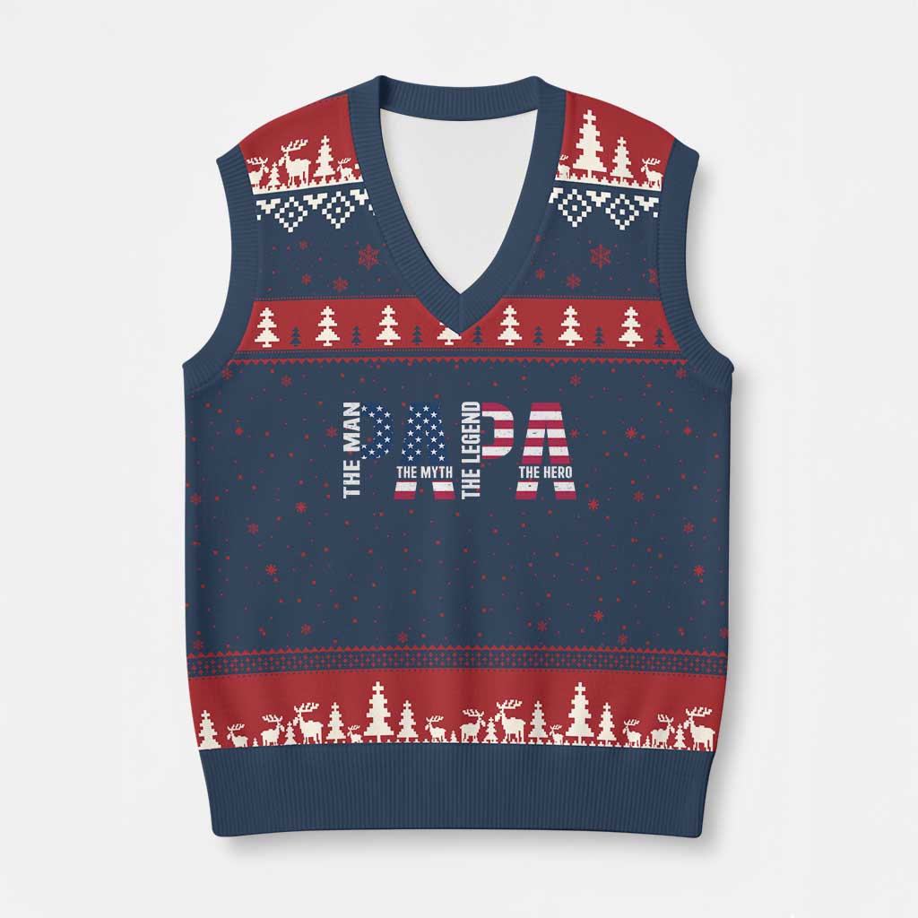 Vintage American Flag Papa The Man The Myth The Legend V-Neck Knit Sweater Vest Fathers Day Gift