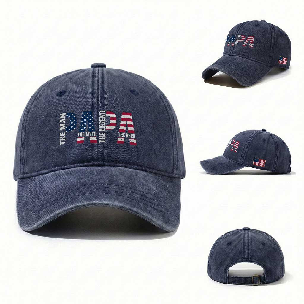 Vintage American Flag Papa The Man The Myth The Legend Washed Cotton Baseball Cap Fathers Day Gift