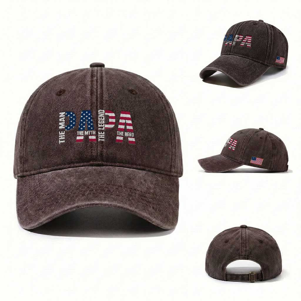 Vintage American Flag Papa The Man The Myth The Legend Washed Cotton Baseball Cap Fathers Day Gift