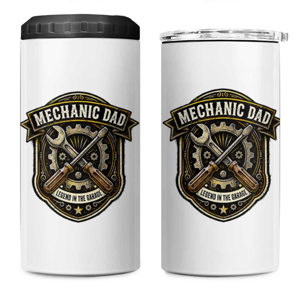 Mechanic Dad Legend In The Garage 4 in 1 Can Cooler Tumbler Funny Auto Repair Fathers Day Gift