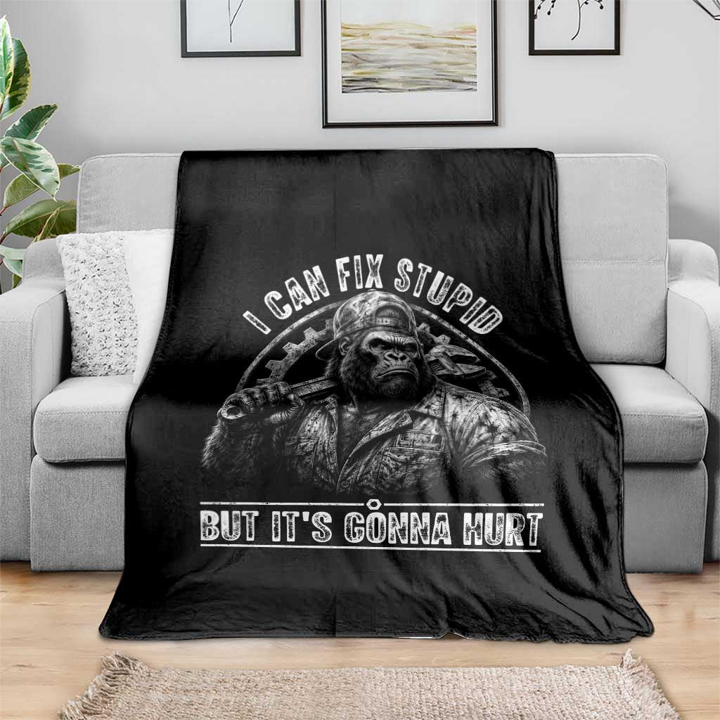 Funny Gorilla Mechanic Throw Blanket I Can Fix Stupid But Its Gonna Hurt