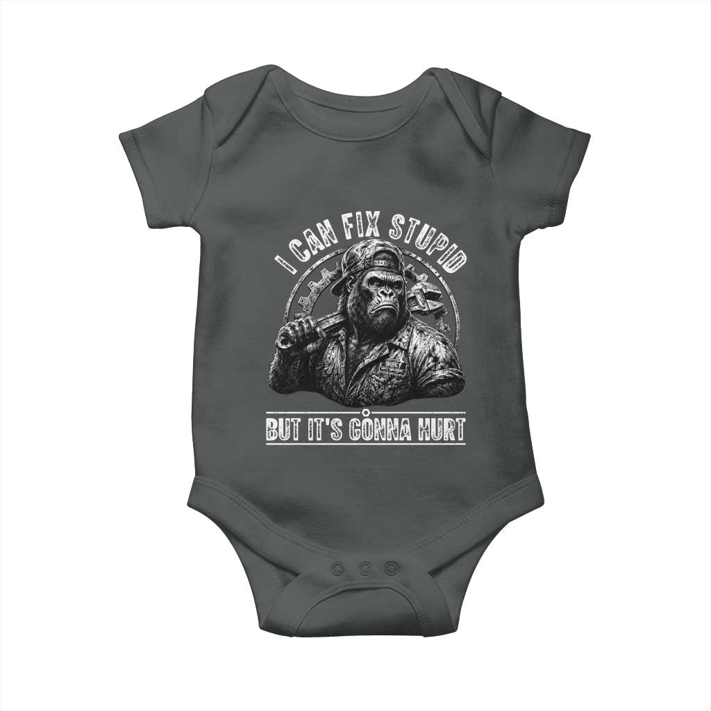 Funny Gorilla Mechanic Baby Onesie I Can Fix Stupid But Its Gonna Hurt