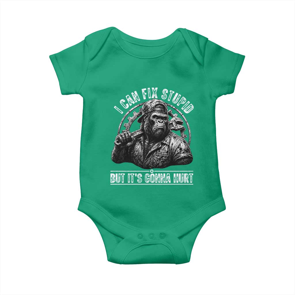 Funny Gorilla Mechanic Baby Onesie I Can Fix Stupid But Its Gonna Hurt